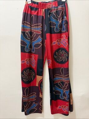 Bold Abstract Patchwork Print Elastic Waist Pants - Red & Black